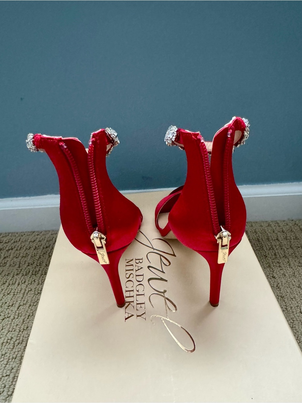 Badgley Mischka Red Satin Crystal-Ankle Strap Stilettos - Picture 4 of 6
